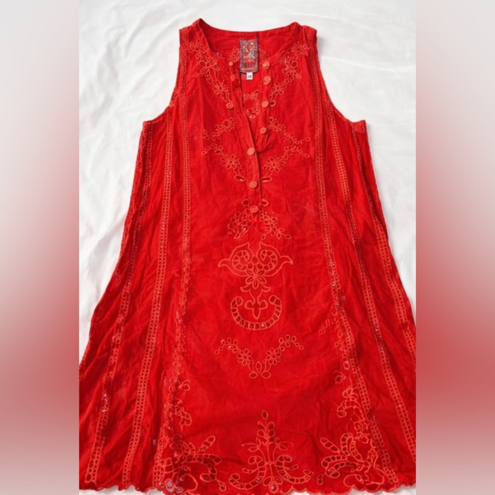 Johnny Was Red Embroidered Sleeveless Dress Eyelet Lace Boho Size S